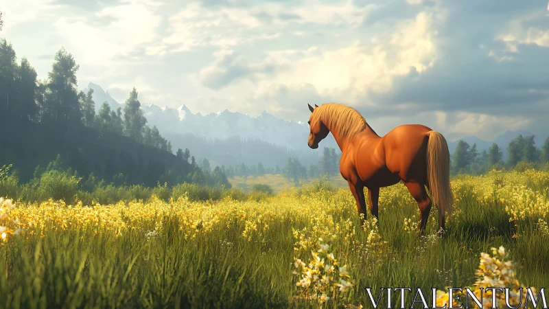 Digital pastoral equine study in sunlit alpine meadow.