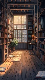 Sunlit wooden library corridor shows books and open volumes