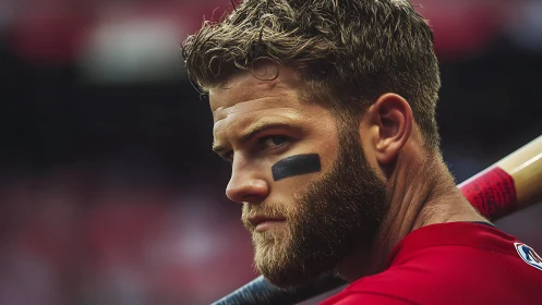 Intense baseball batter portrait under stadium lights.