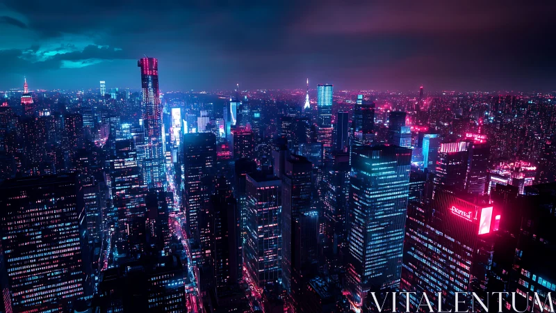 Neon-lit city skyline shows dense skyscrapers at night