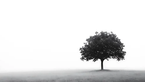 Solitary tree silhouette in foggy high-key minimalist field.