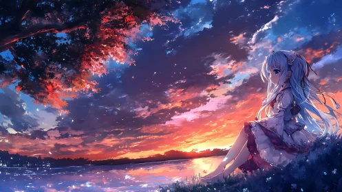 Girl sits by reflective lake under dense sunset cloudscape