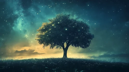 Solitary tree under glowing starry twilight sky.