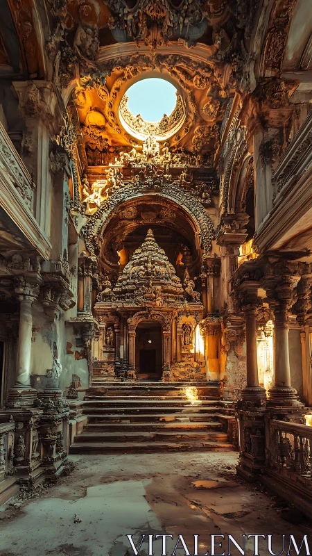 Sunlit ruined temple hall with ornate carved sanctuary portal.