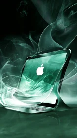 Glowing teal laptop emerges through swirling digital smoke