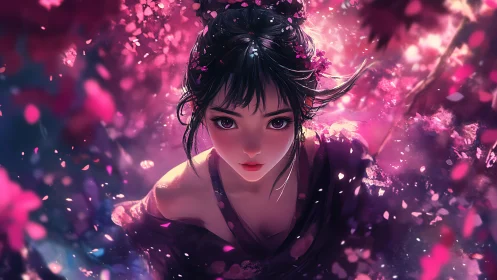 Blossom-lit anime maiden beneath swirling sakura petals.