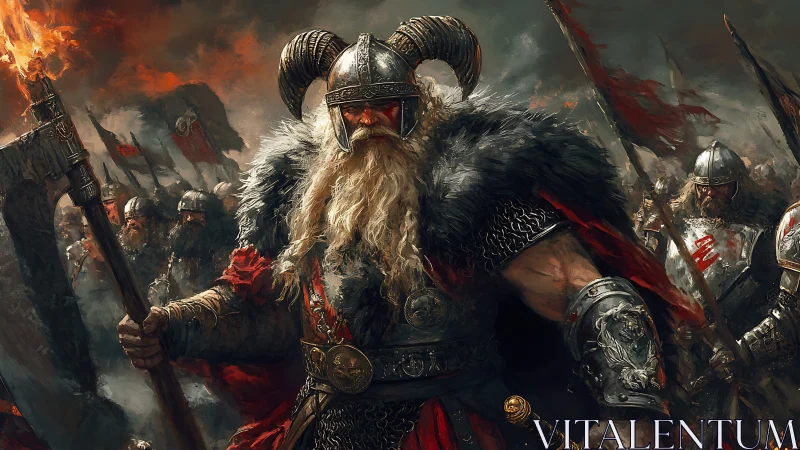 Fierce Viking warlord strides forward through roaring battle