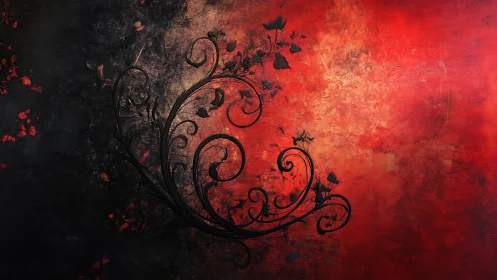 Dark floral scrollwork over red textured gradient background.