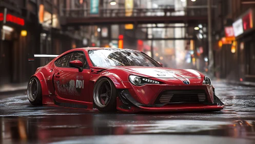 Widebody red tuner car slices through neon city rain.