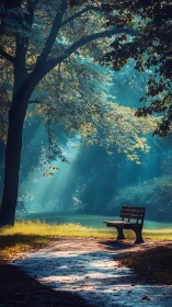 Solitary Bench Beneath Golden Canopy: Hyperreal Landscape Composition.