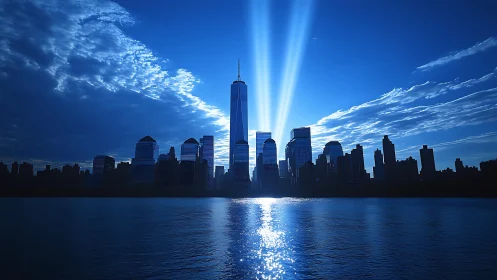 Radiant city skyline glowing under deep blue evening light.