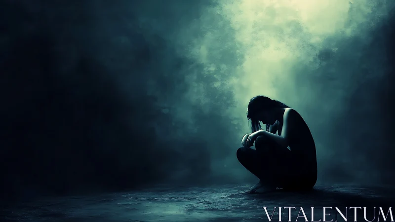 Quiet figure in the misty dark, wrapped in tender solitude.