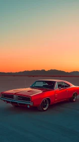 Sunset cruise with a classic red muscle car glow.