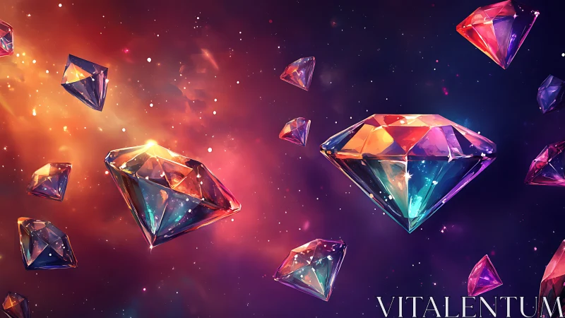 Multicolored crystal diamonds floating in deep space.