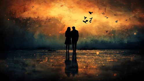 Two figures standing before dramatic sky with birds in flight.