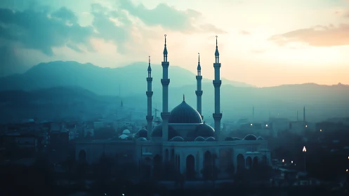 Skyline minarets drinking dawn light above misty mountains.