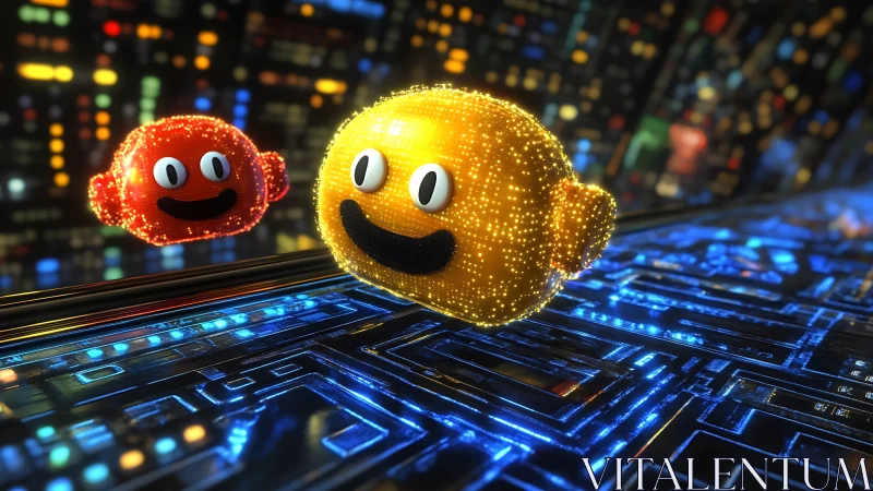 Glowing voxel smiley orbs race through neon circuit city.