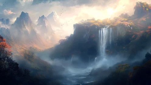 Mountain valley landscape shows waterfall in dense morning mist