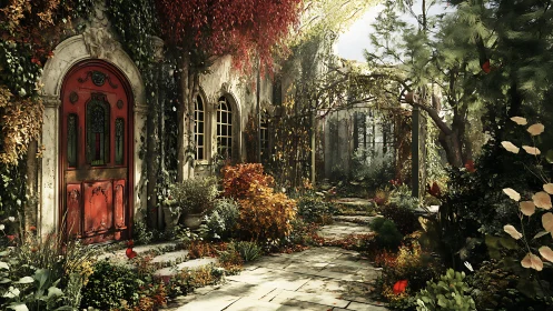 Overgrown courtyard frames ornate red door in diffused light