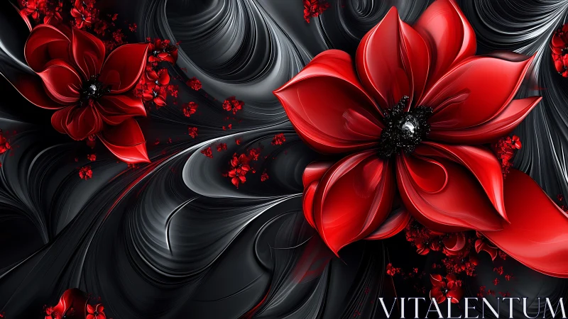 Glossy red floral forms emerge over sculpted black waves