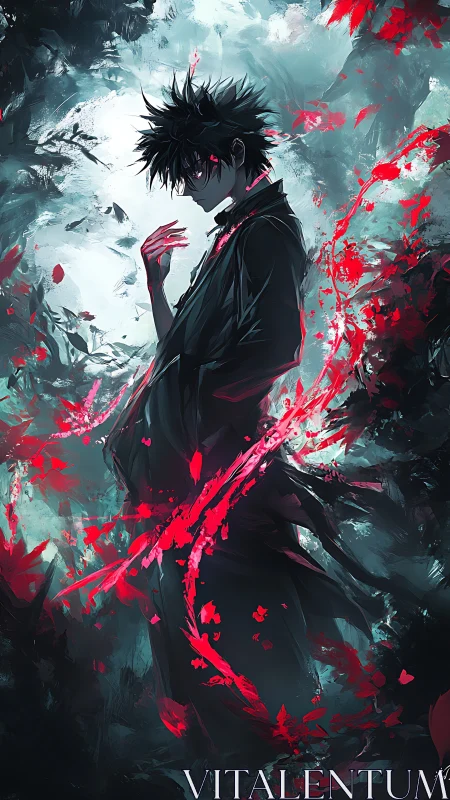 Shadowbound spellcaster weaves crimson petals through storm