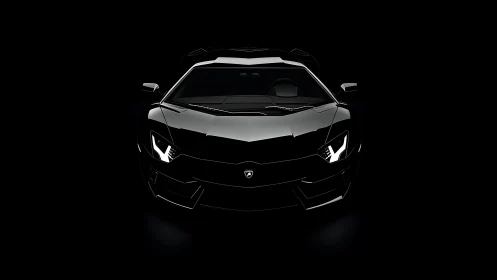 Black sports coupe front view on dark background. Period.