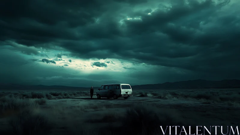 Lone van pauses beneath storm-heavy desert skies.