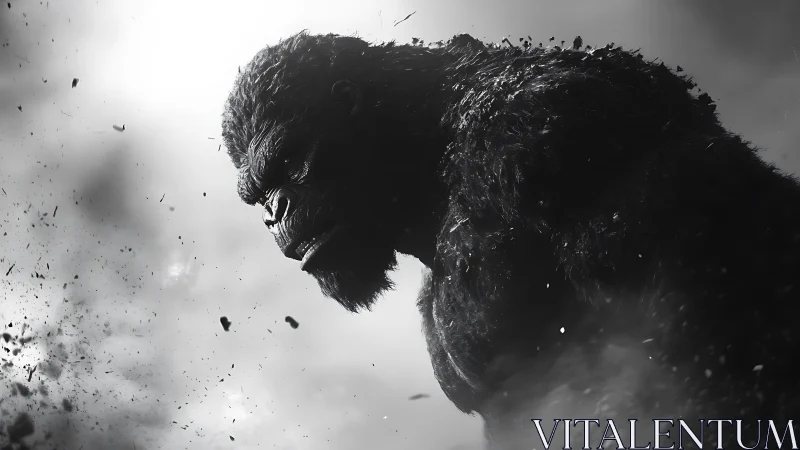 Giant gorilla silhouette in monochrome debris-filled scene.