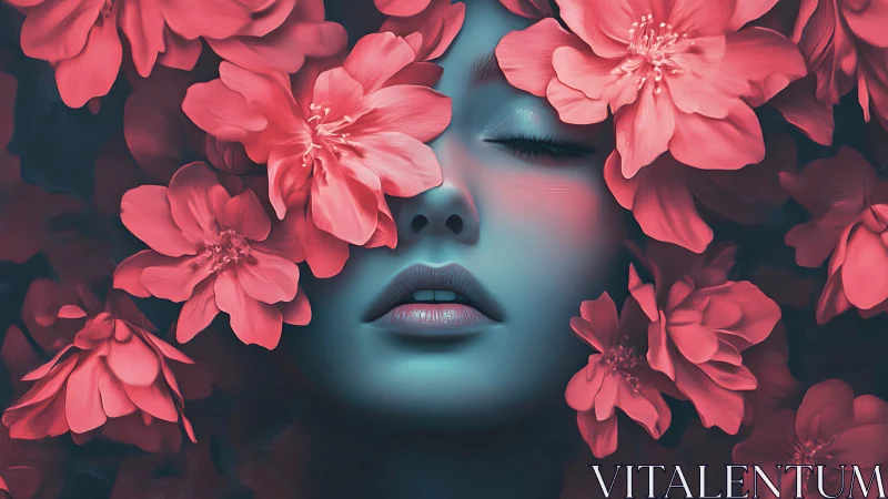 Female face in teal tones framed by dense pink flowers