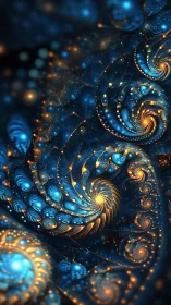 Spiral fractal pattern displays glowing blue and orange forms