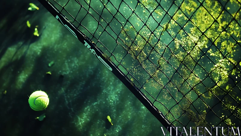Sunlit tennis ball hangs in emerald air beside dusty net