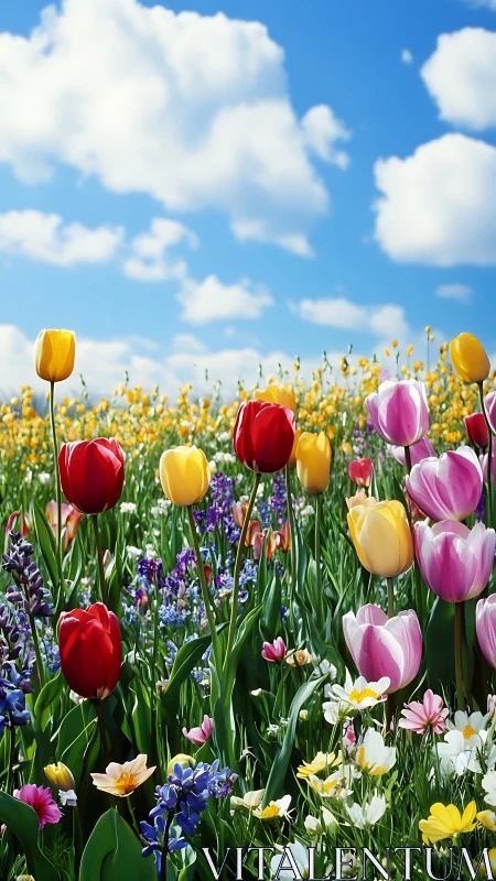 Colorful Tulip Field Under Blue Sky with Clouds.