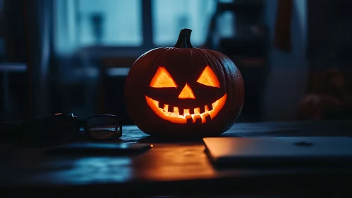 Glowing jack o lantern on desk in dimly lit room.