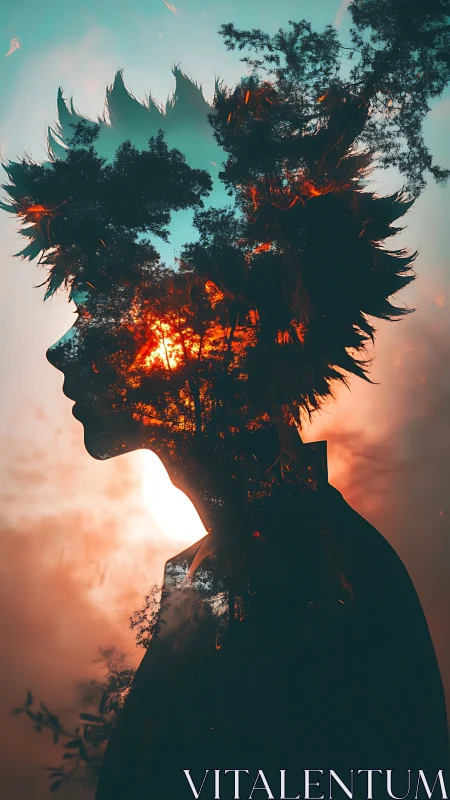 Sunlit forest silhouette blending nature with quiet thought.