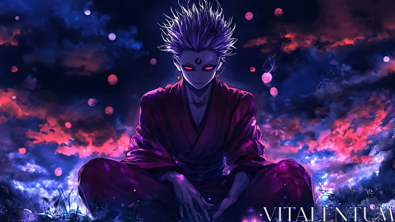 Nocturnal astral monk with crimson ocular resonance poised.