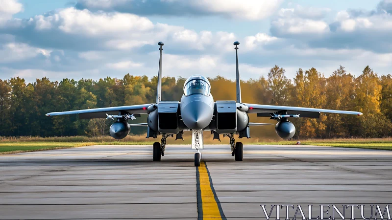 Frontline fighter jet poised on runway under autumn sky.