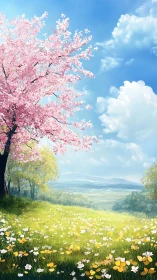 Digital painting of spring hillside meadow with blossom tree.