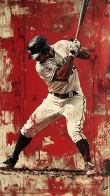 Baseball batter poised to swing against red abstract backdrop.