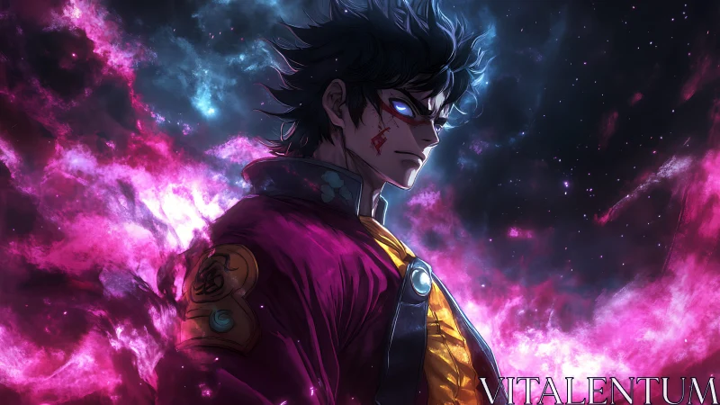 Celestial energy surrounds stern figure in stylized profile