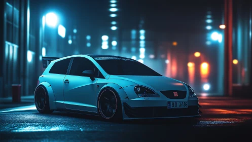 Widebody track-tuned hatchback in neon-lit rainy city street