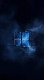 Glowing blue window symbol floats within dark digital fog