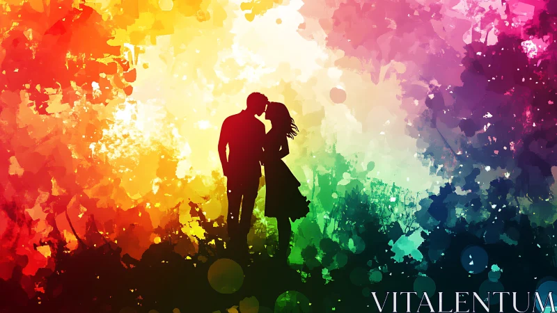 Silhouetted Couple Kissing in Rainbow Light
