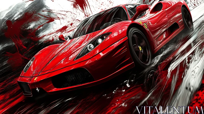 Scarlet supercar surges through abstract streaks of speed and light