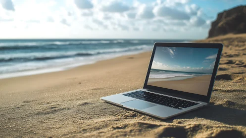 Laptop rests on a sandy beach and mirrors the calm seaside