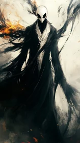 Masked wraith emerges from swirling shadow flames.