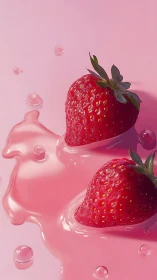 Strawberries partially submerged in glossy pink liquid.