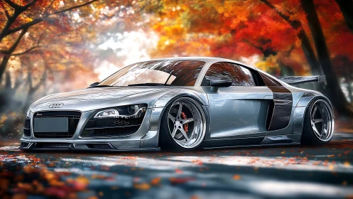 Modified silver sports coupe on forest road in autumn light.