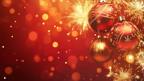 High-gloss red baubles with glitter detail against bokeh sparks