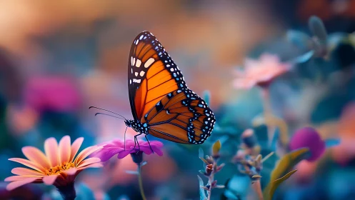 Monarch butterfly rests on vivid garden flower in bokeh glow
