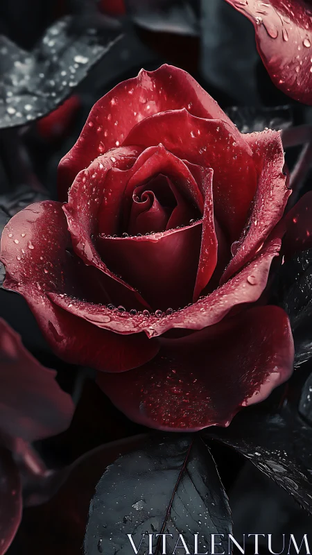 Crimson Rose with Raindrops in Elegant Solitude